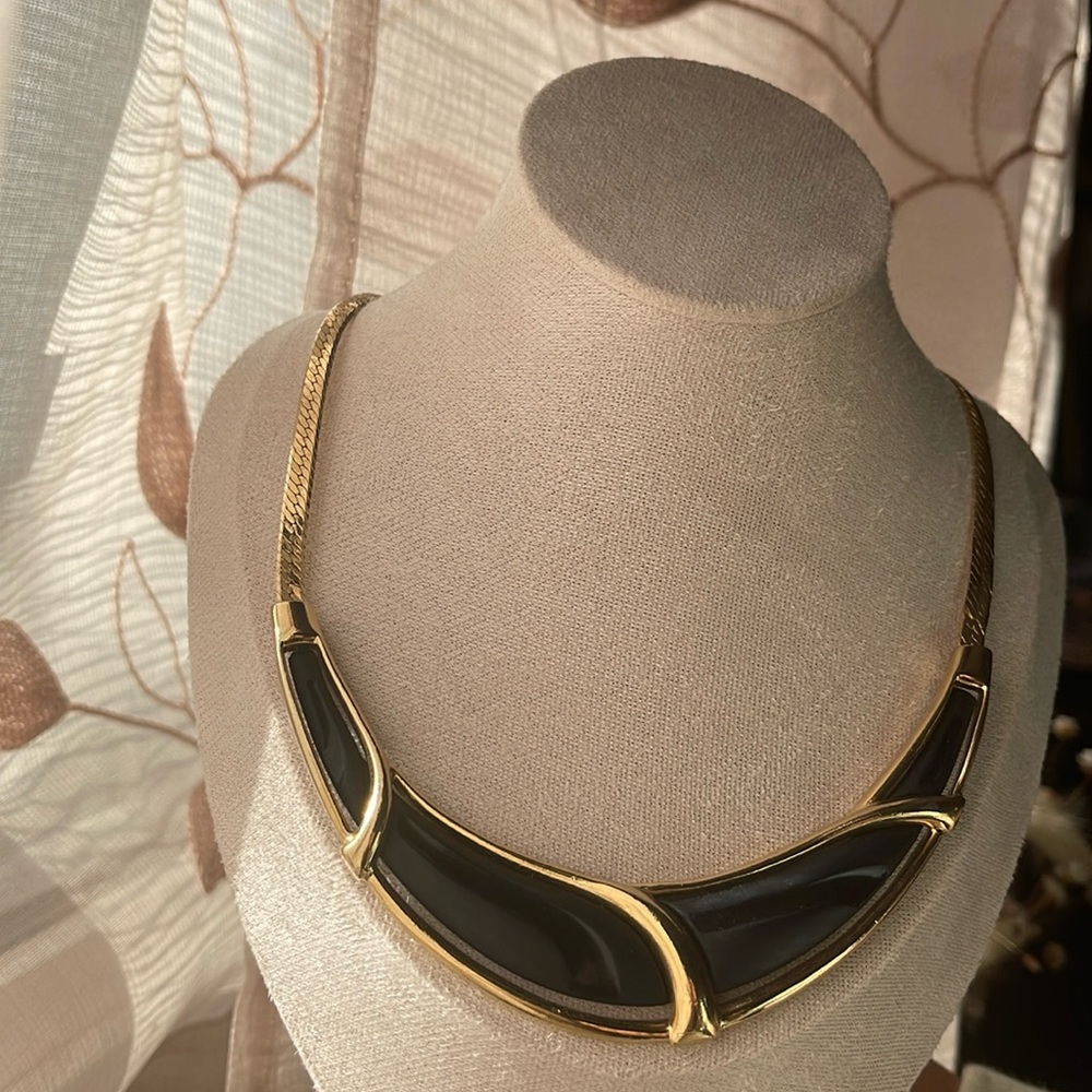 SOLD. Signed Trifari Black Enamel Gold Omega 17”